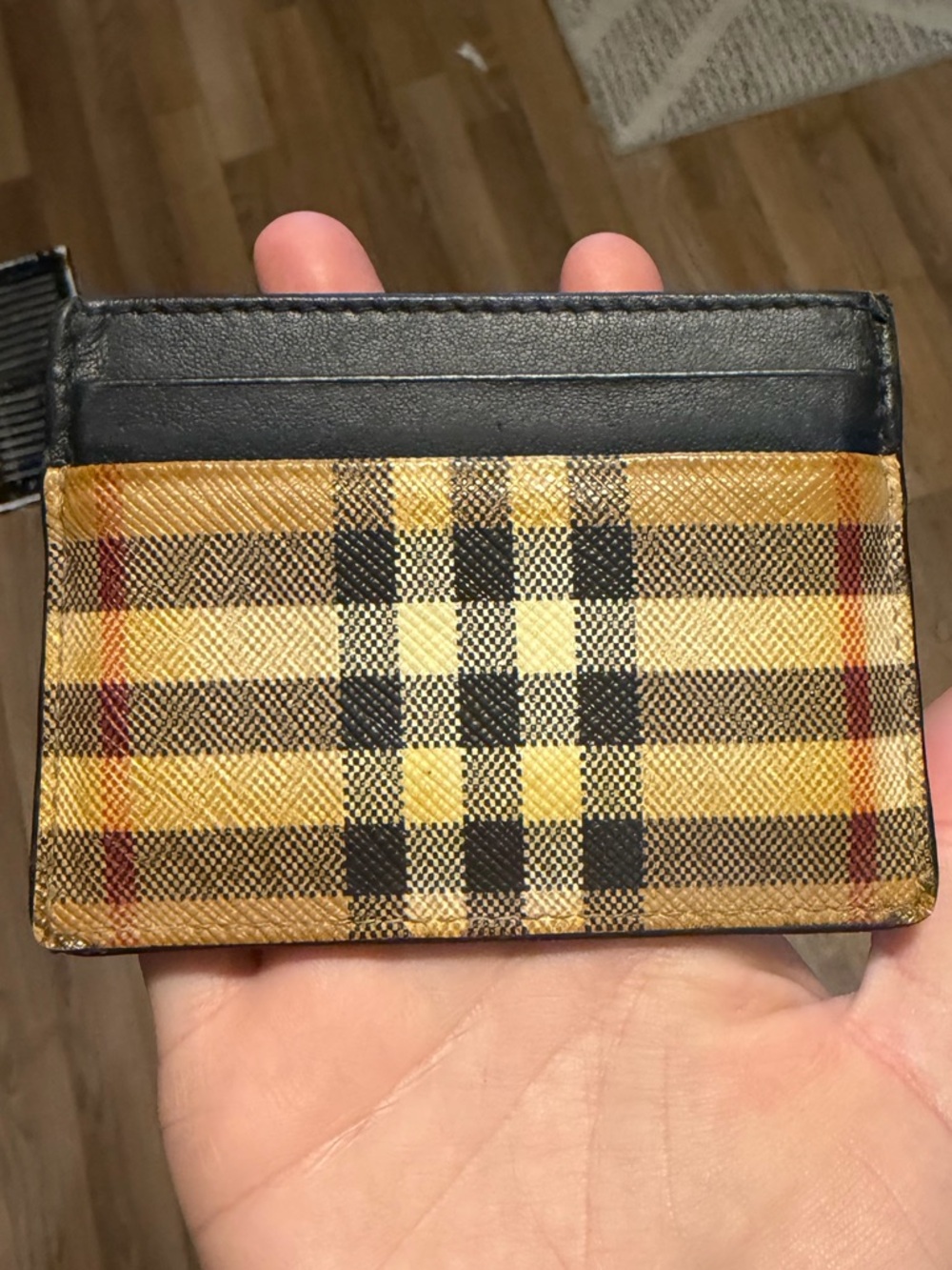 Authentic Burberry Yellow Plaid and Black Leather Card Holder - Picture 2 of 13